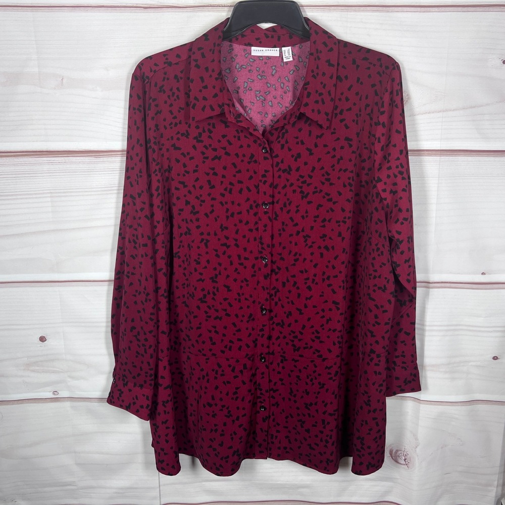 Susan Graver Button Down Shirt Women 2X Red Abstract Print Peplum Tunic Stretch